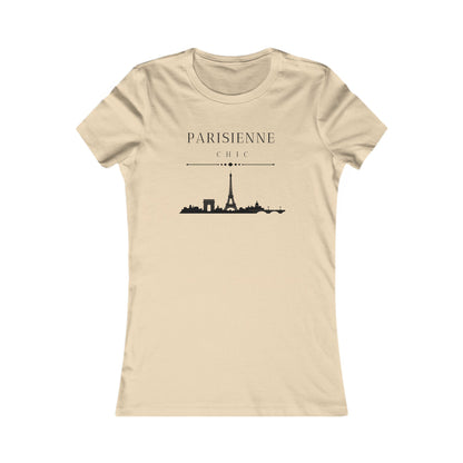 A beige short-sleeve crewneck t-shirt featuring a black graphic of the Paris skyline with the text 'PARISIENNE CHIC' printed on the chest, displayed against a solid white background.
