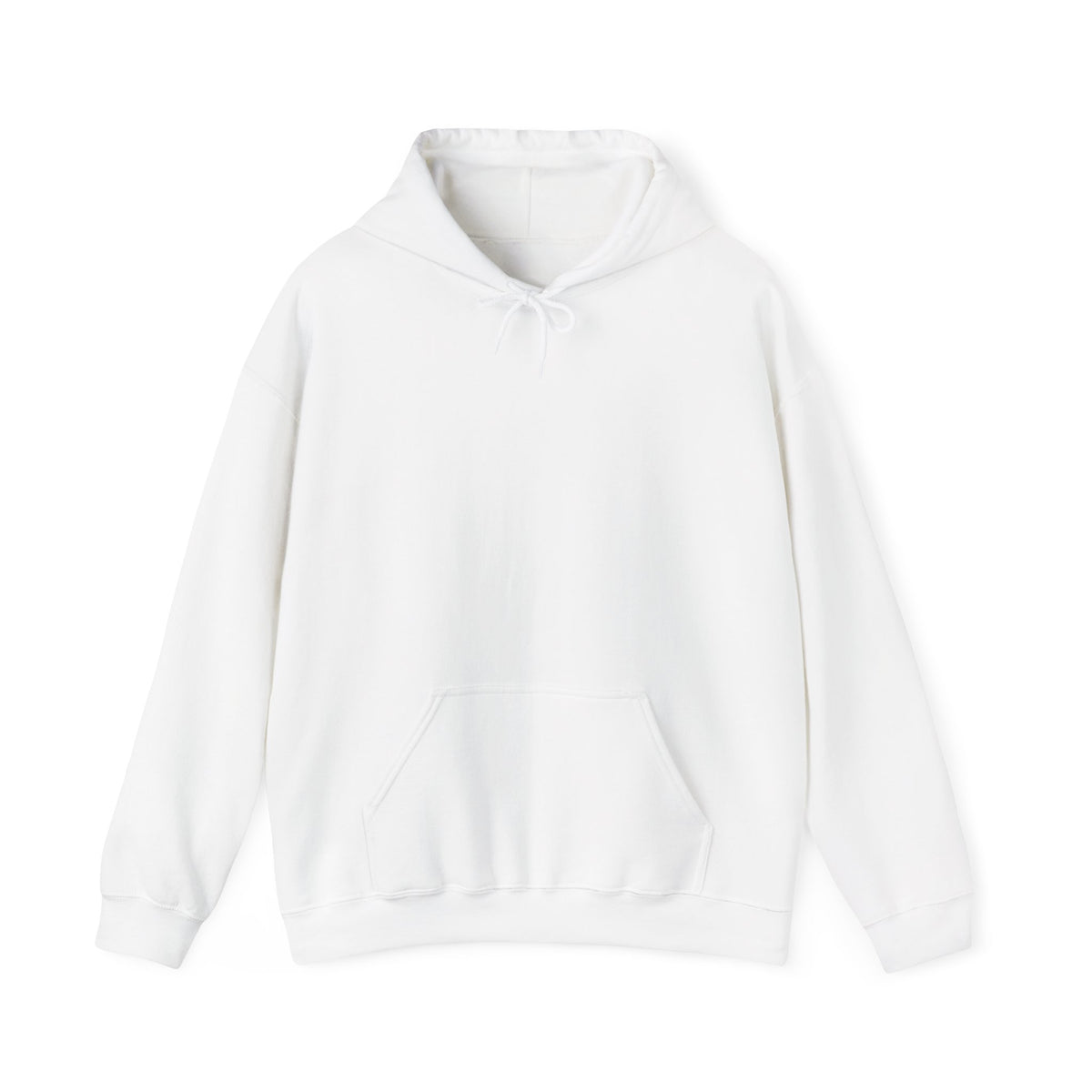 A white blank pullover hoodie from front, featuring a dark brown vertical CHIC back graphic and French-inspired typography, photographed from behind against a clean light gray studio background.