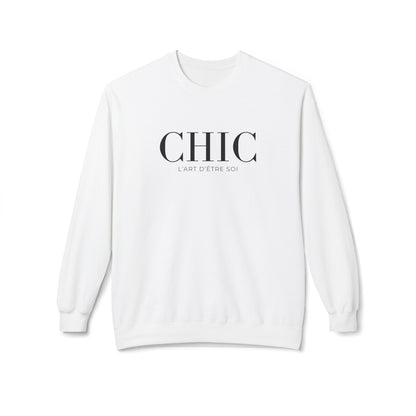 A white crewneck sweatshirt with 'CHIC' printed in black serif font and 'L'ART D'ETRE SOI' in smaller text below, displayed on a clean white background.