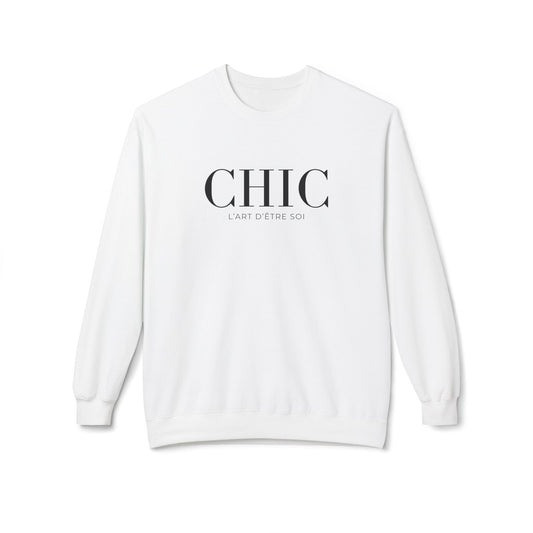A white crewneck sweatshirt with 'CHIC' printed in black serif font and 'L'ART D'ETRE SOI' in smaller text below, displayed on a clean white background.