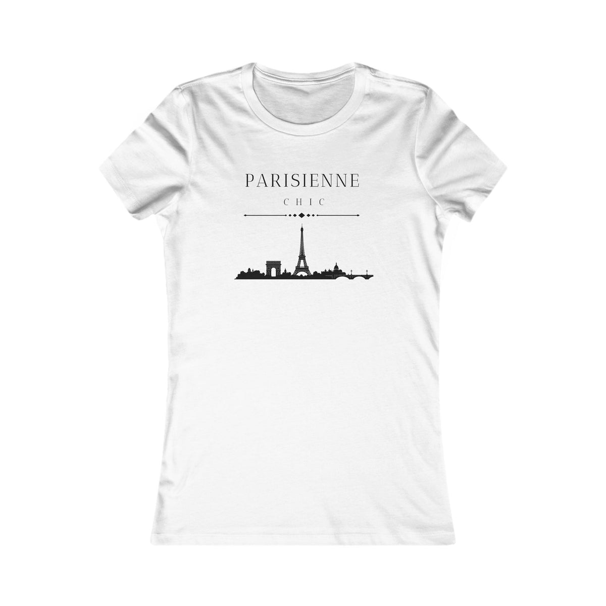 A white short-sleeve crewneck t-shirt featuring a black graphic print of the Paris skyline with the text 'PARISIENNE' and 'CHIC' on the chest, displayed against a solid white background.