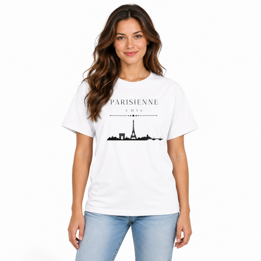 Woman wearing a white PARISIENNE CHIC graphic T-shirt with black Paris skyline print and light-wash jeans