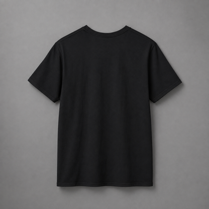 Black short-sleeve crewneck T-shirt featuring a gray “BEAU” graphic with a white cursive “D’Accord” overlay in front, pure black in back, displayed against a neutral gray studio background.