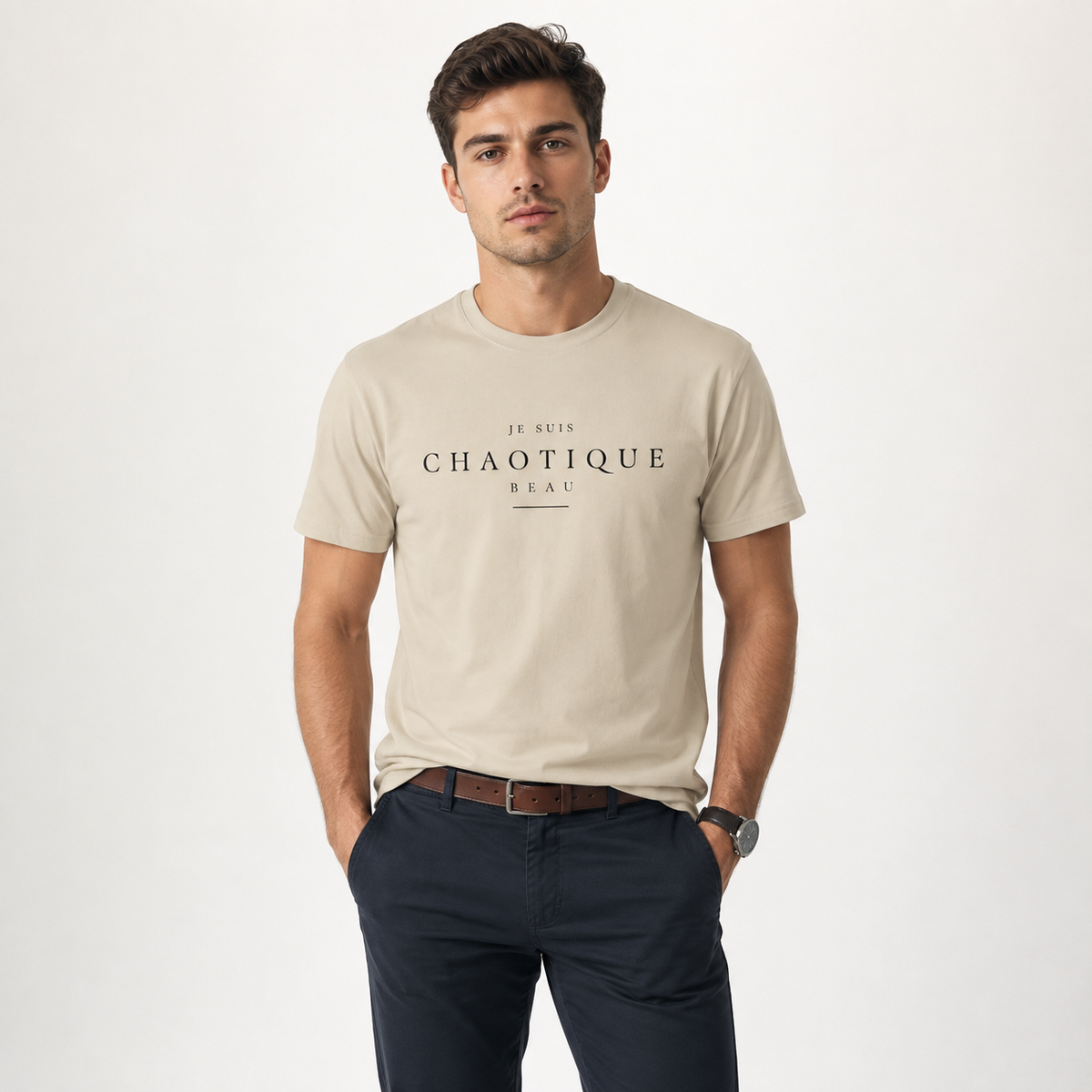 A man wearing a sand beige Je Suis Chaotique Beau graphic T-shirt with dark tailored trousers, photographed against a clean white studio background.