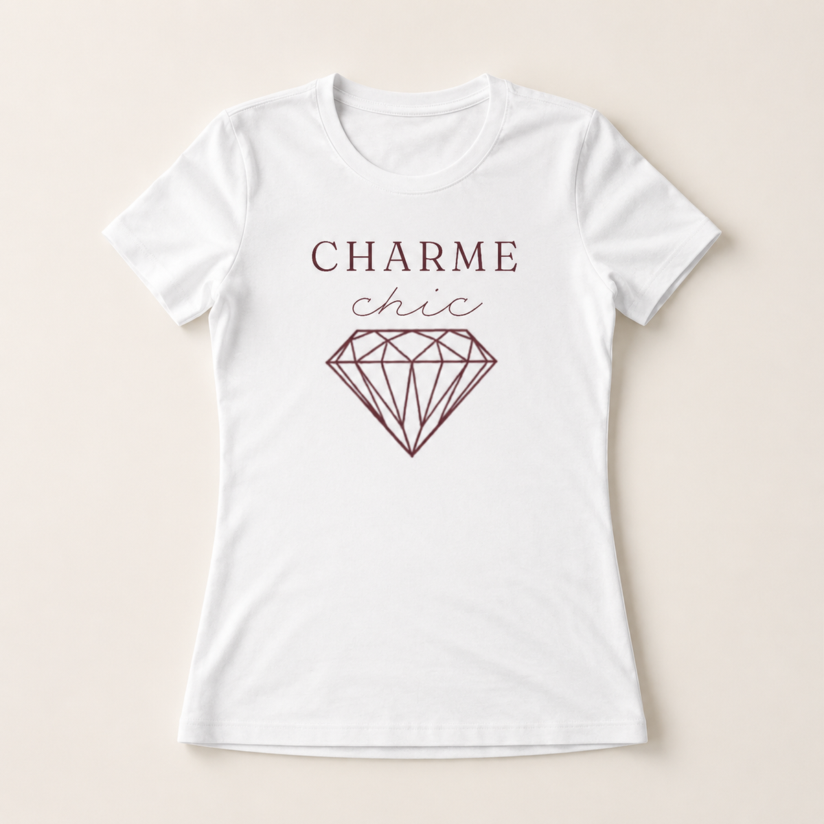 White t-shirt featuring the text "Charme Chic" in elegant black typography on the front.