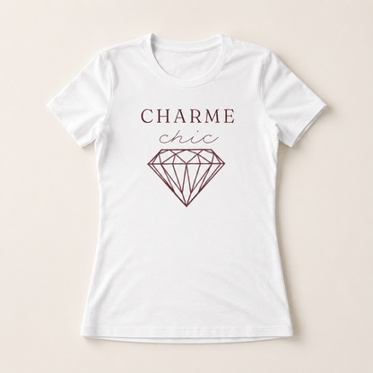 White t-shirt featuring the text "Charme Chic" in elegant black typography on the front.