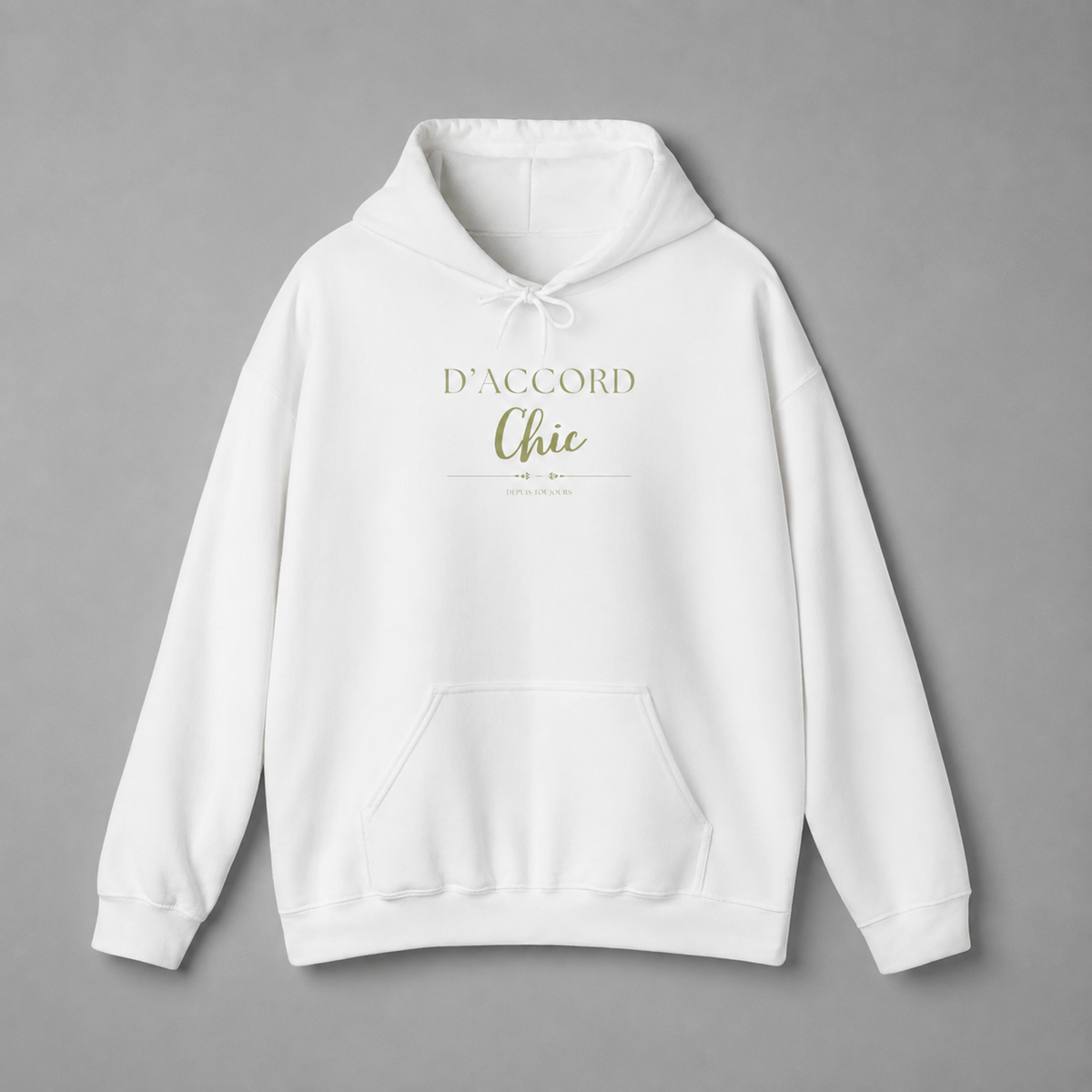 White D’Accord Chic pullover hoodie with metallic gold chest typography, drawstring hood and kangaroo pocket, displayed against a neutral grey studio background.