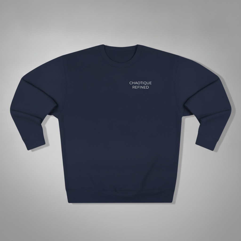 A navy blue crewneck sweatshirt with 'CHAOTIQUE REFINED' printed in white text on the left chest, displayed flat against a neutral gray background.