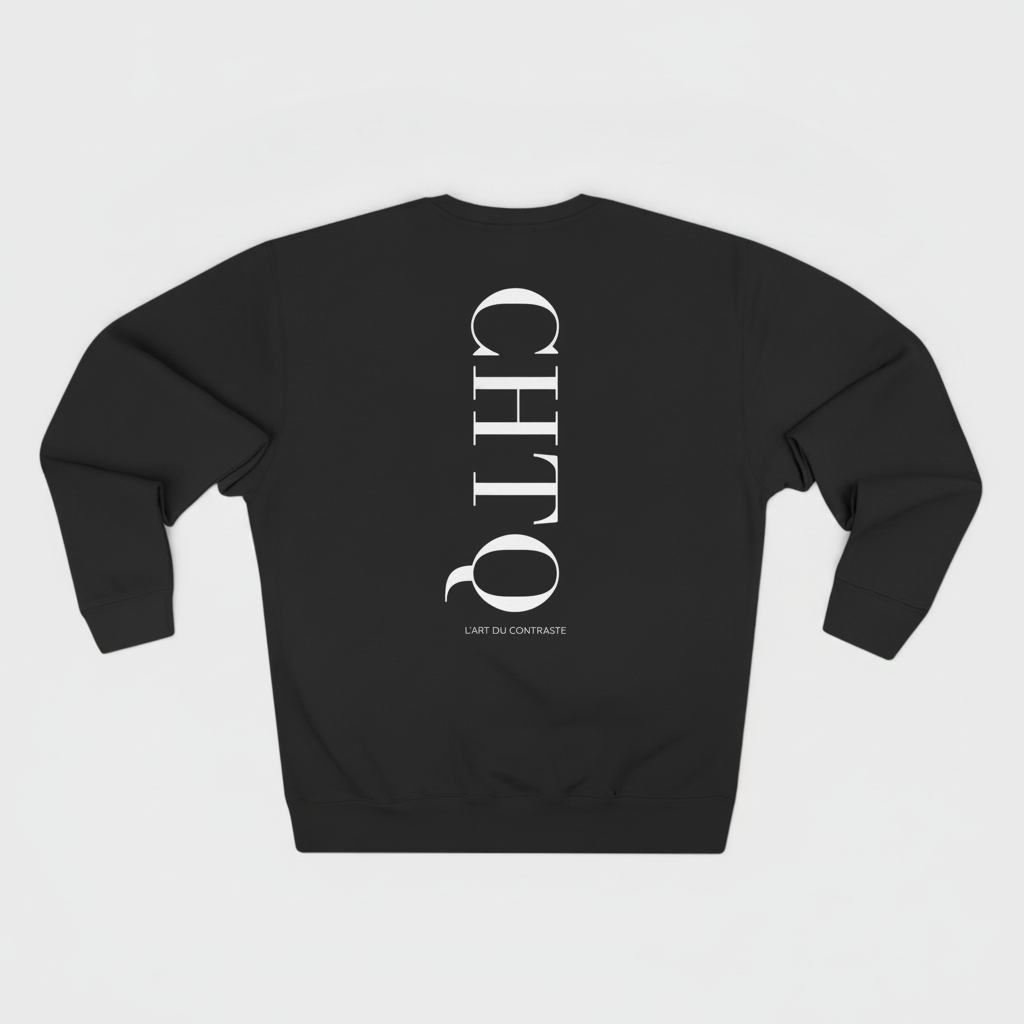 Black crewneck sweatshirt with a large white vertical CHTQ graphic and L’Art du Contraste text on the back, displayed against a white background.