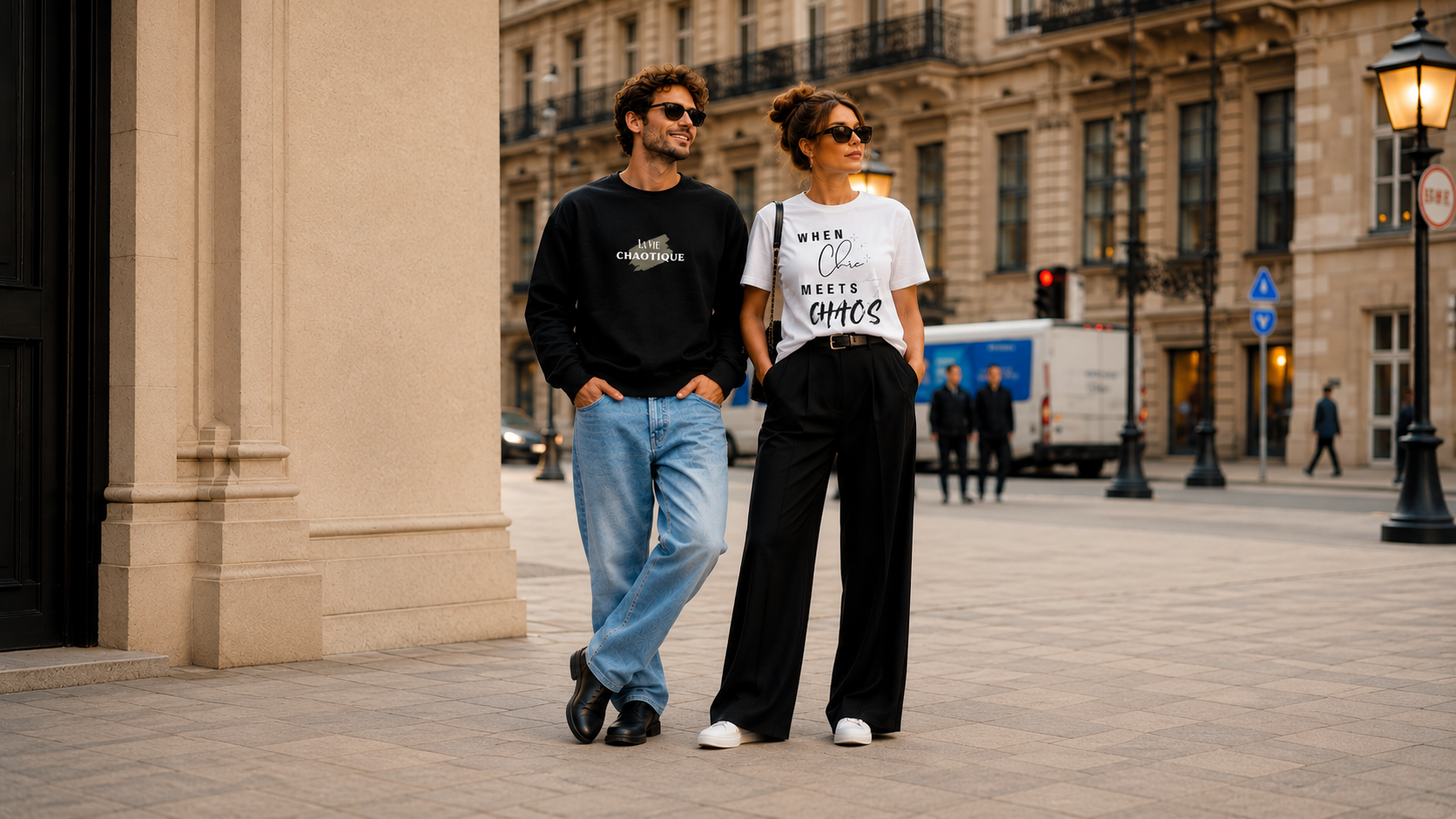 Man and woman stading on a street and wearing chic and chaotic closet's clothes