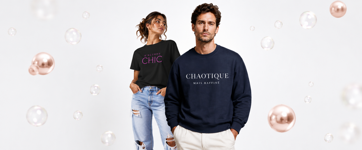 Woman wearing black D'Accord Chic t-shrit and man wearing navy blue Choatique Mais Raffine sweatshirt
