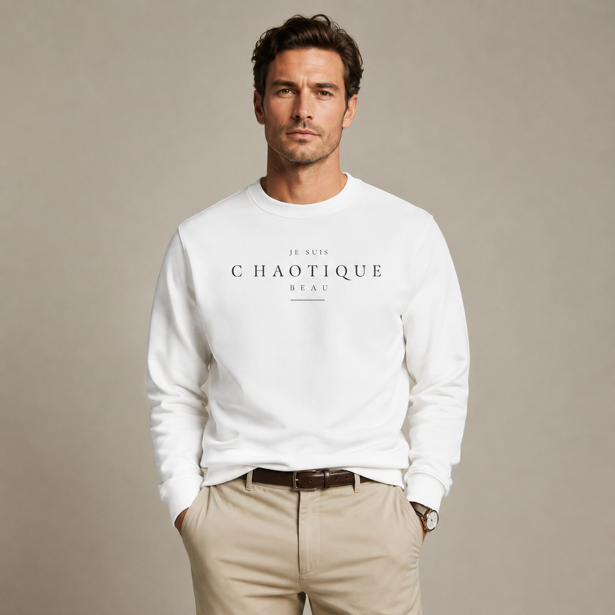 Men’s white Je Suis Chaotique Beau crewneck sweatshirt styled in a minimalist business casual studio look.