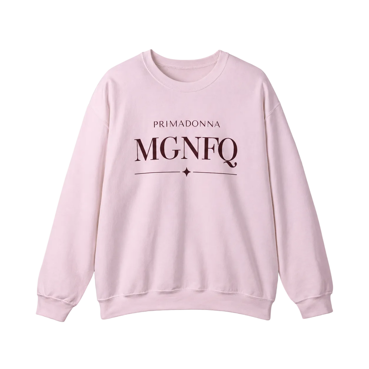 A light pink crewneck sweatshirt with 'PRIMADONNA MGNFQ' printed in dark brown on the chest, displayed against a neutral gray background.