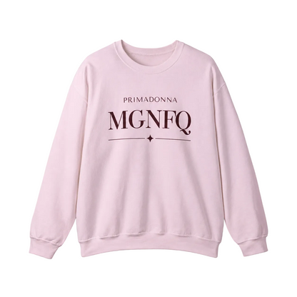 A light pink crewneck sweatshirt with 'PRIMADONNA MGNFQ' printed in dark brown on the chest, displayed against a neutral gray background.