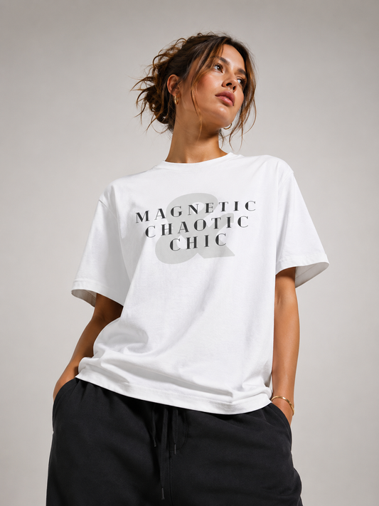 Woman wearing a white graphic T-shirt featuring the words “Magnetic Chaotic Chic” in black over a large light gray ampersand, paired with black sweatpants in a light gray studio.