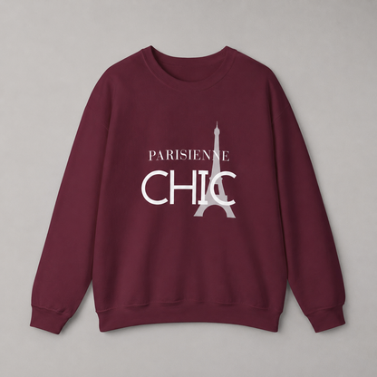 Maroon crewneck sweatshirt featuring a white “PARISIENNE CHIC” graphic with a stylized Eiffel Tower, displayed against a neutral gray studio background.